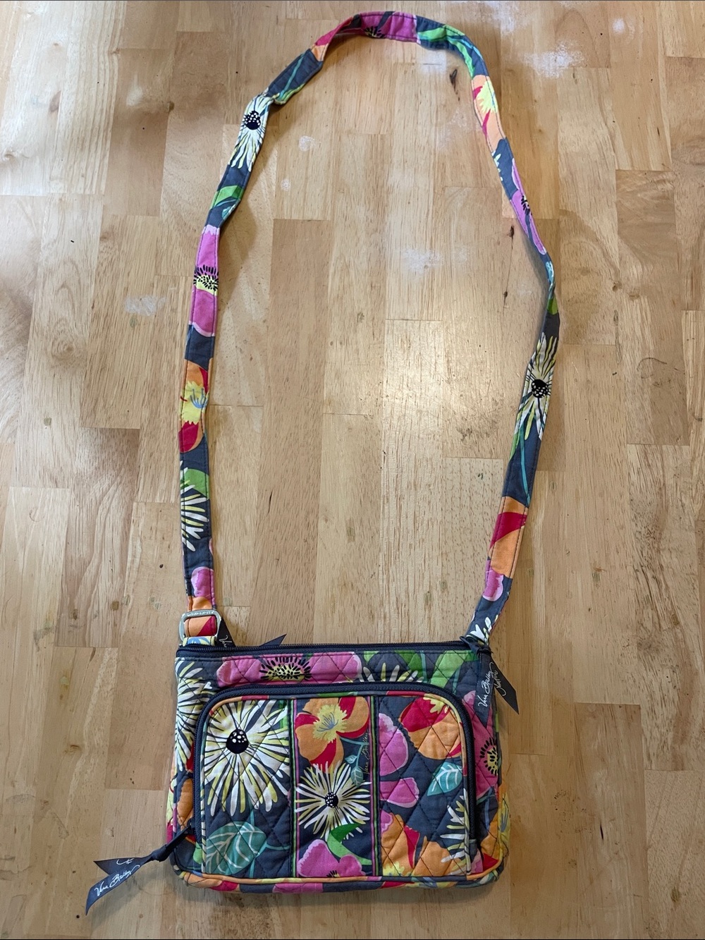 Vera Bradley Quilted Floral Crossbody in Gray with Pink, Yellow & Green Accents